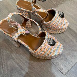 Kurt Geiger Pastel Tweed Platform Sandals with Metallic Crest
